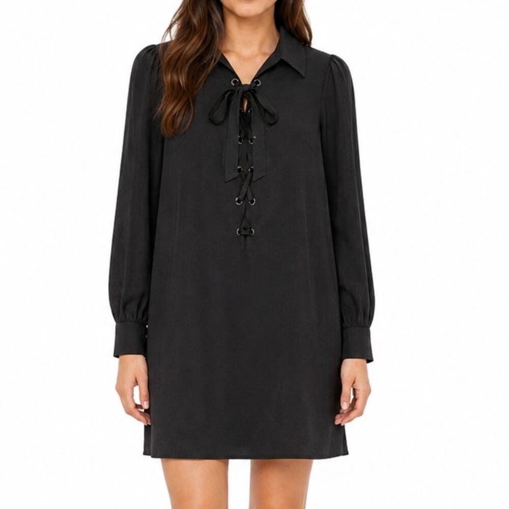 NWT Elie Tahari Black Lace Up Shift Dress XS Long Sleeve Collared Tencel $295